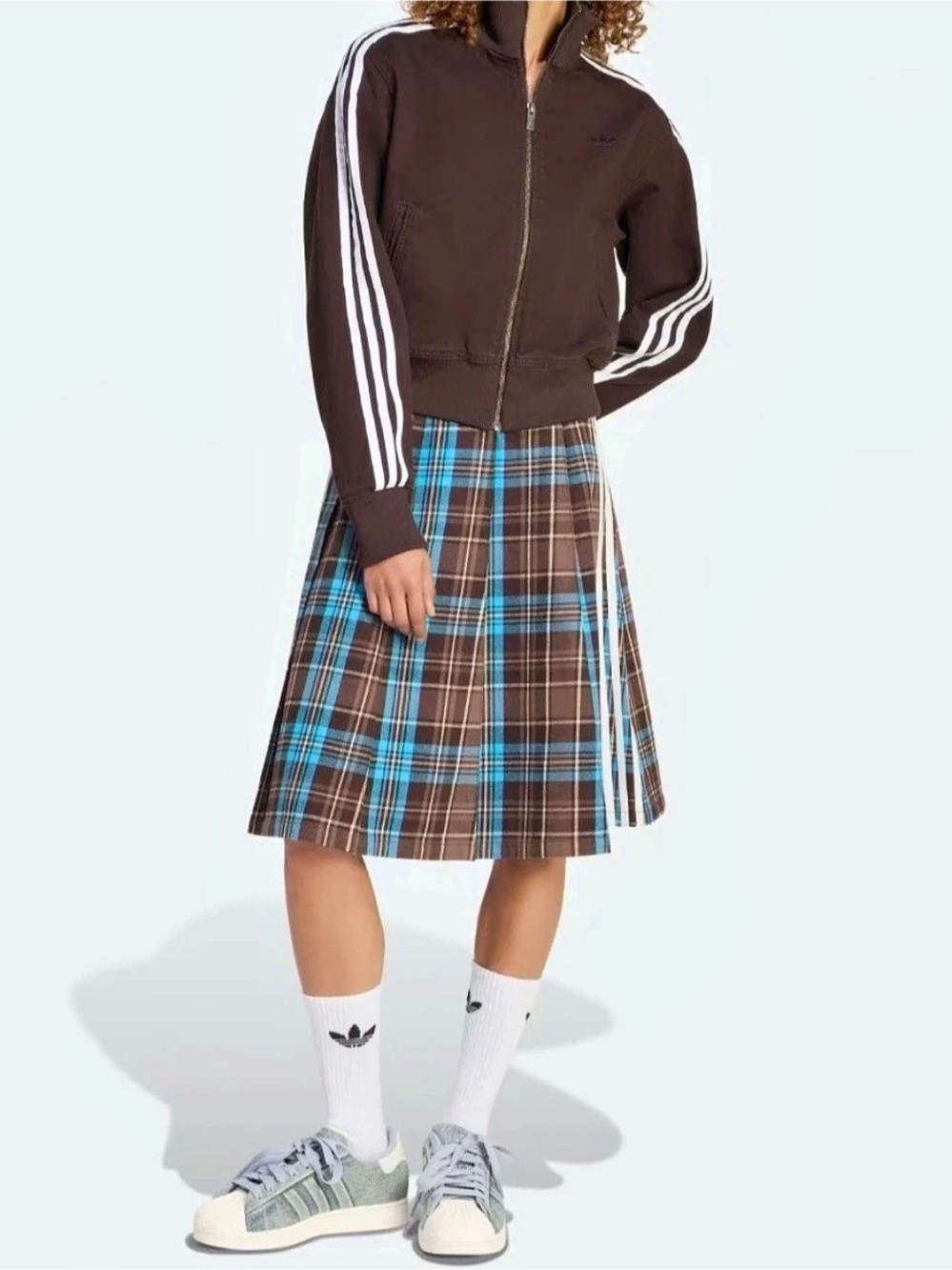 adidas Plaid Pleated Skirt Brown Blue L
